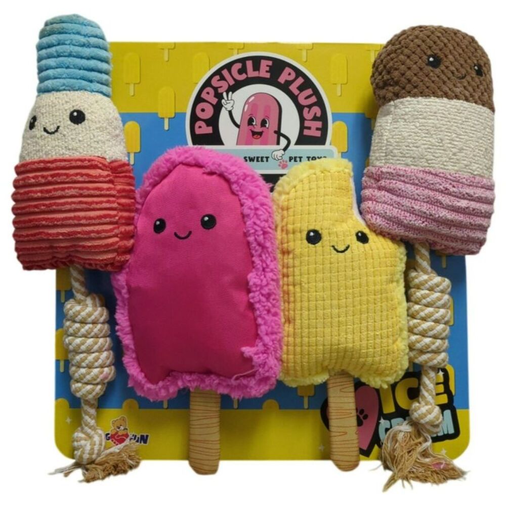 HugFun Popsicle Durable Plush Dog Toy Up to Medium Dogs, Multi-Pack, 4-Piece Set